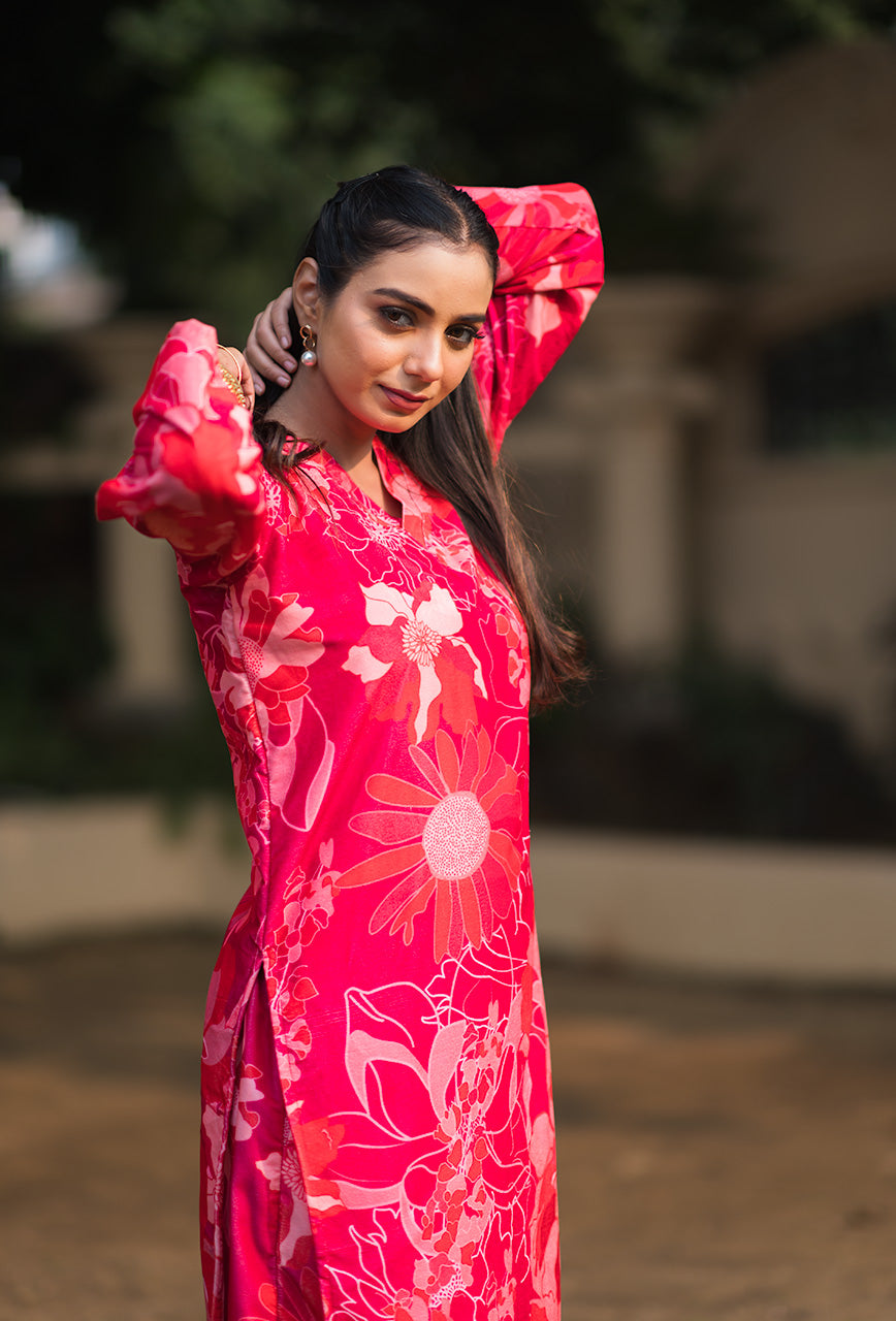 Pink print velvet kurta set