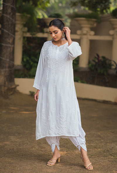 Rosy women white chikankari Muslin mukaish kurta