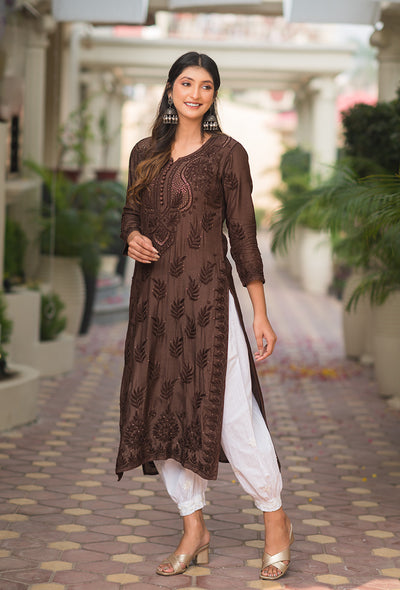 Chandni brown chikankari Muslin mukaish kurta