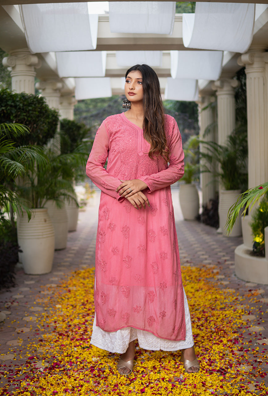 Mehrun women watermelon pink chikankari Viscose kurta