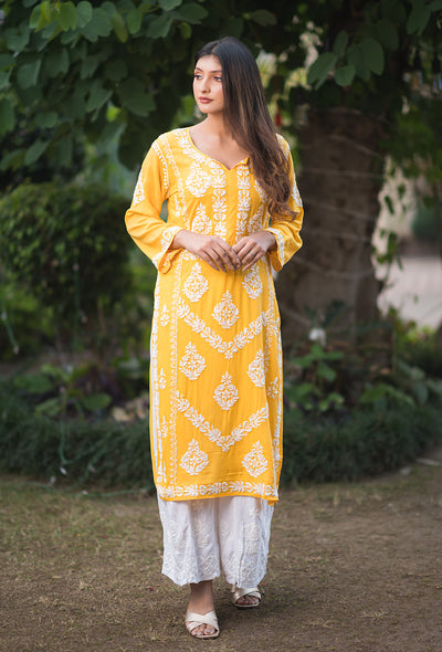 Sunehri women yellow chikankari Modal kurta