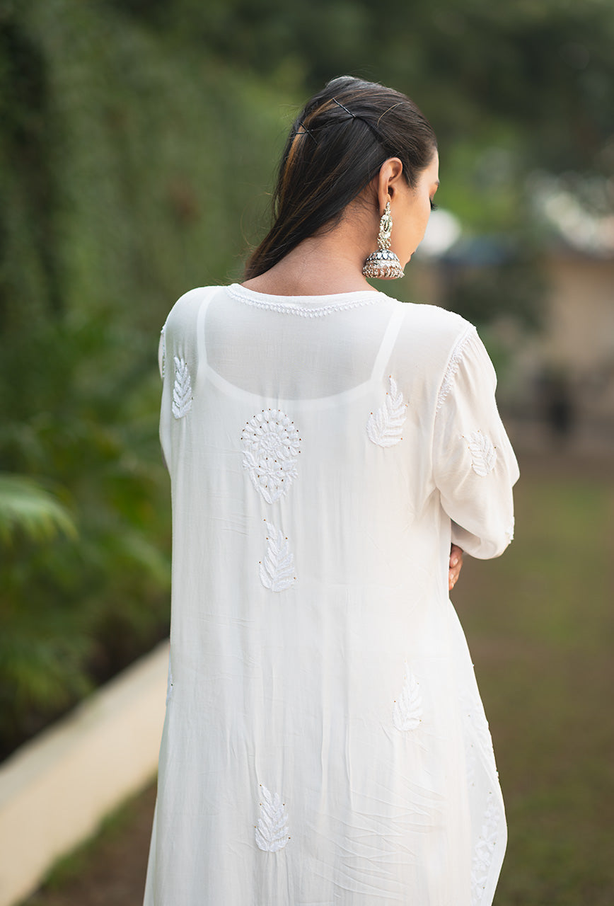 Chandni white chikankari Muslin mukaish kurta