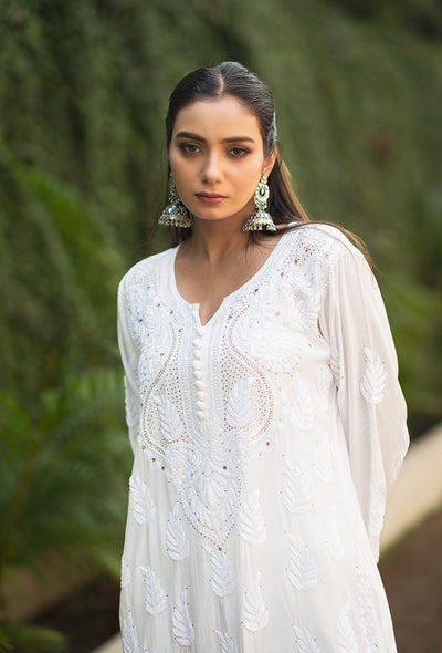 Chandni white chikankari Muslin mukaish kurta