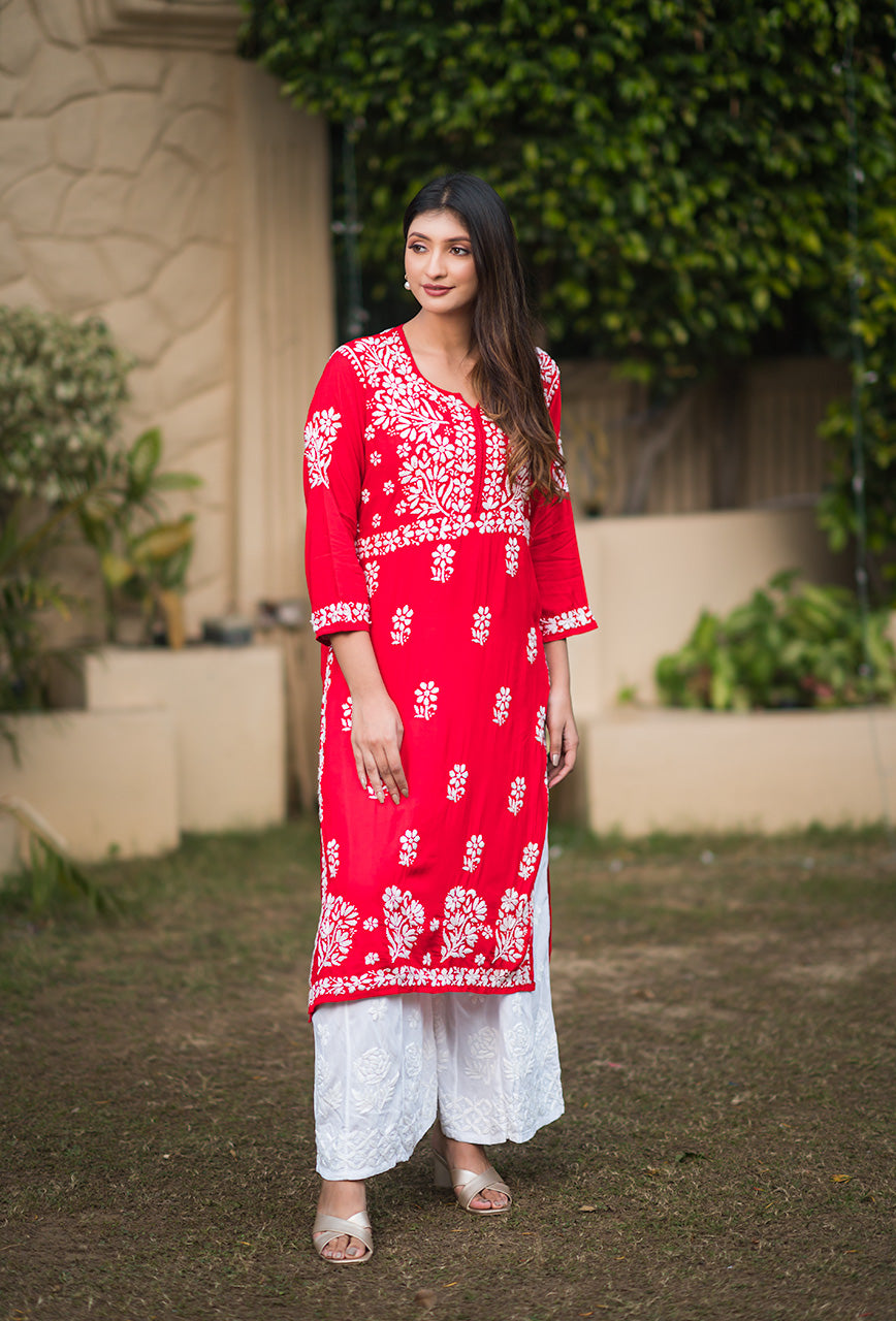 Lolita women red chikankari Modal kurta