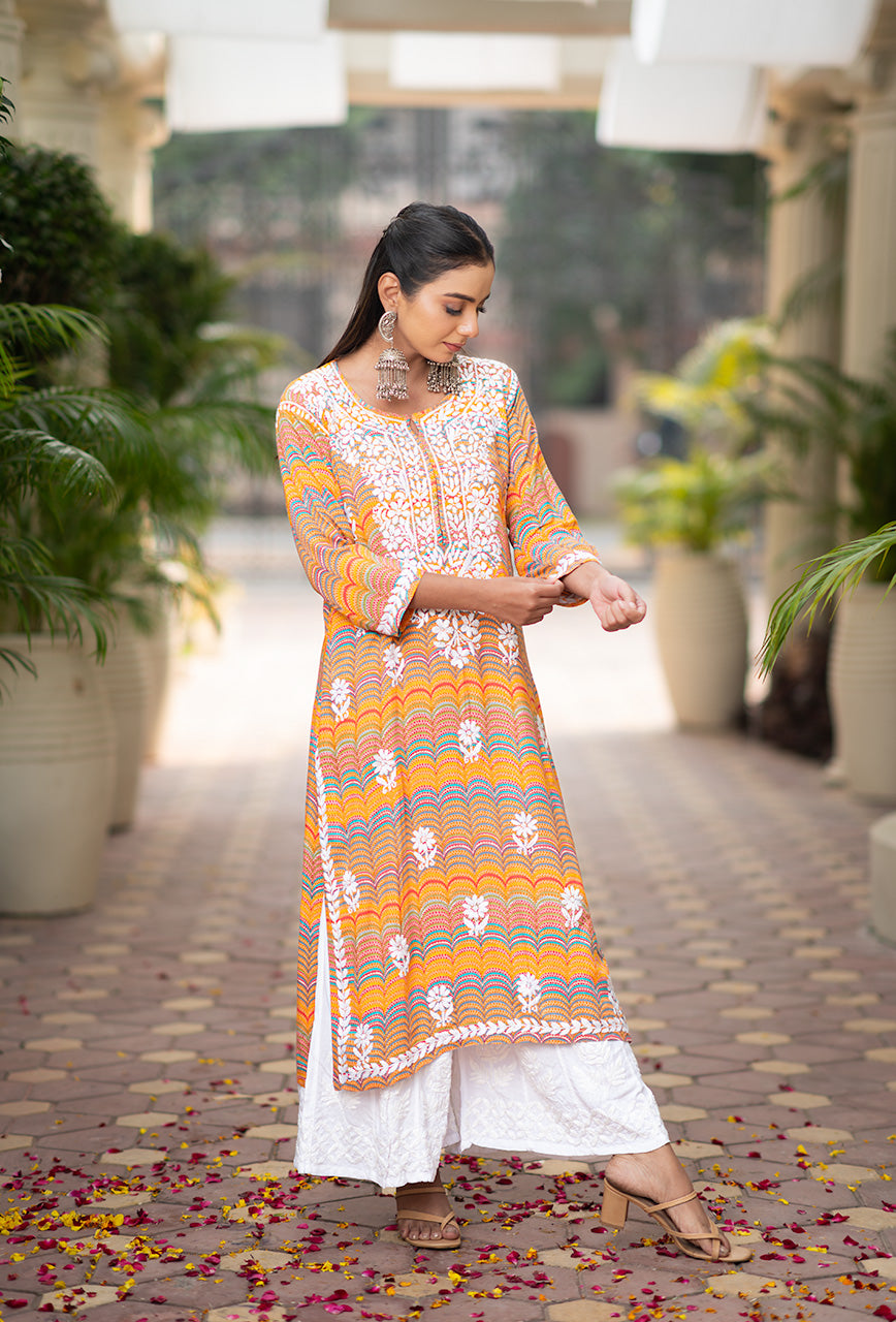 Leher women orange rayon chikankari kurta