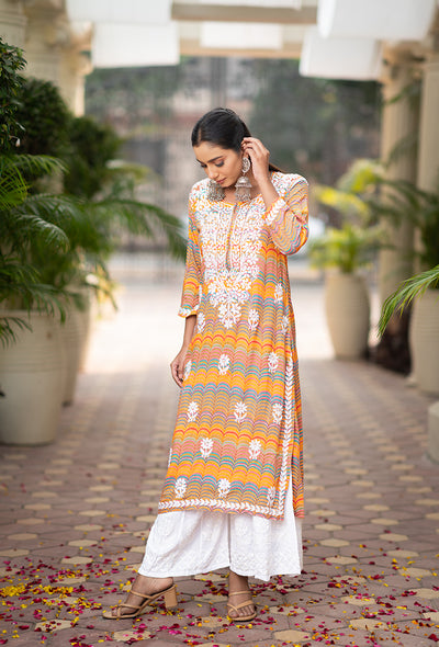 Leher women orange rayon chikankari kurta