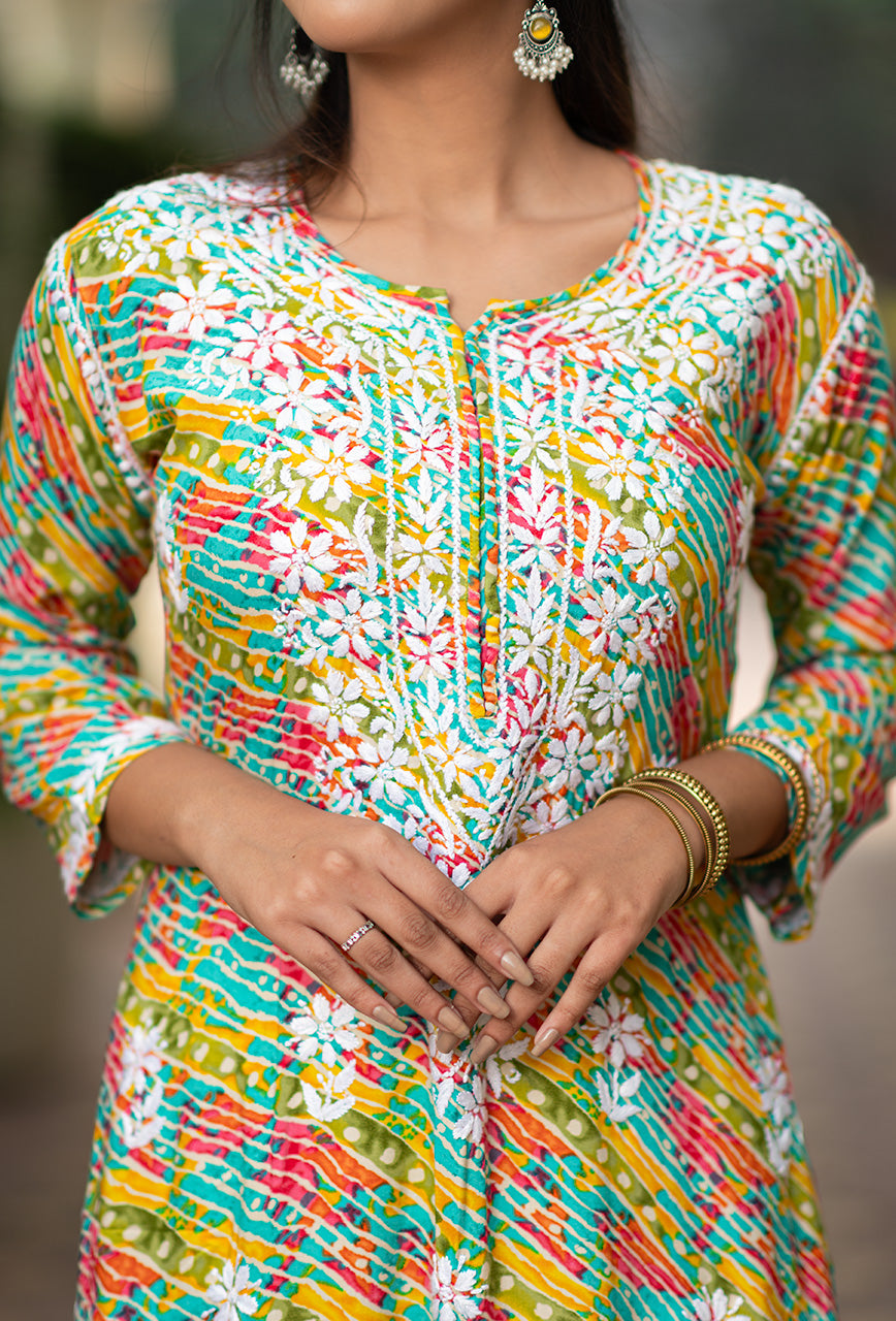 Leher women green rayon chikankari kurta