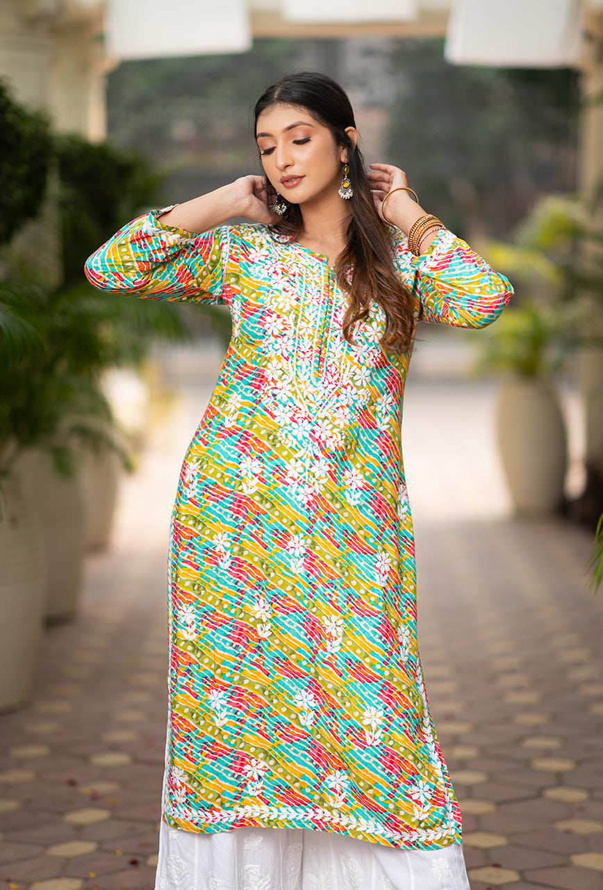 Leher women green rayon chikankari kurta