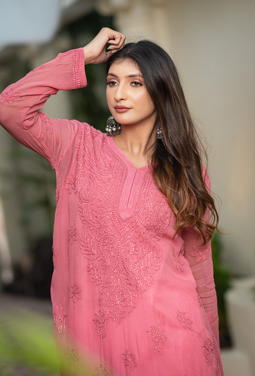 Mehrun women watermelon pink chikankari Viscose kurta