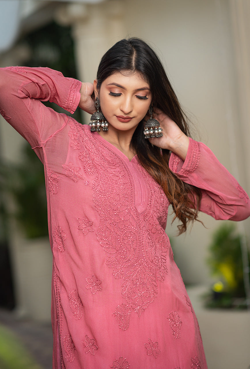 Mehrun women watermelon pink chikankari Viscose kurta