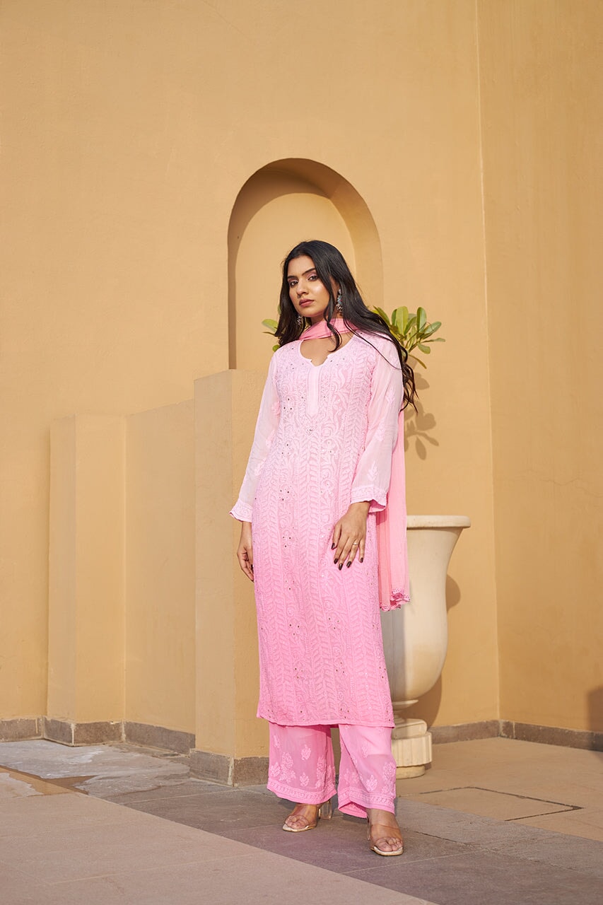 Zuri pure georgette kurta and palazzo set with dupatta and inner(Set of 4) RangrezaEthnic Pink XS 