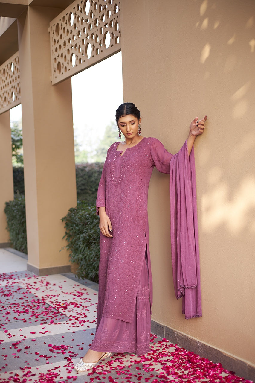 Noori pure georgette kurta and gharara set with dupatta and inner (Set of 4) RangrezaEthnic Mauve XS 