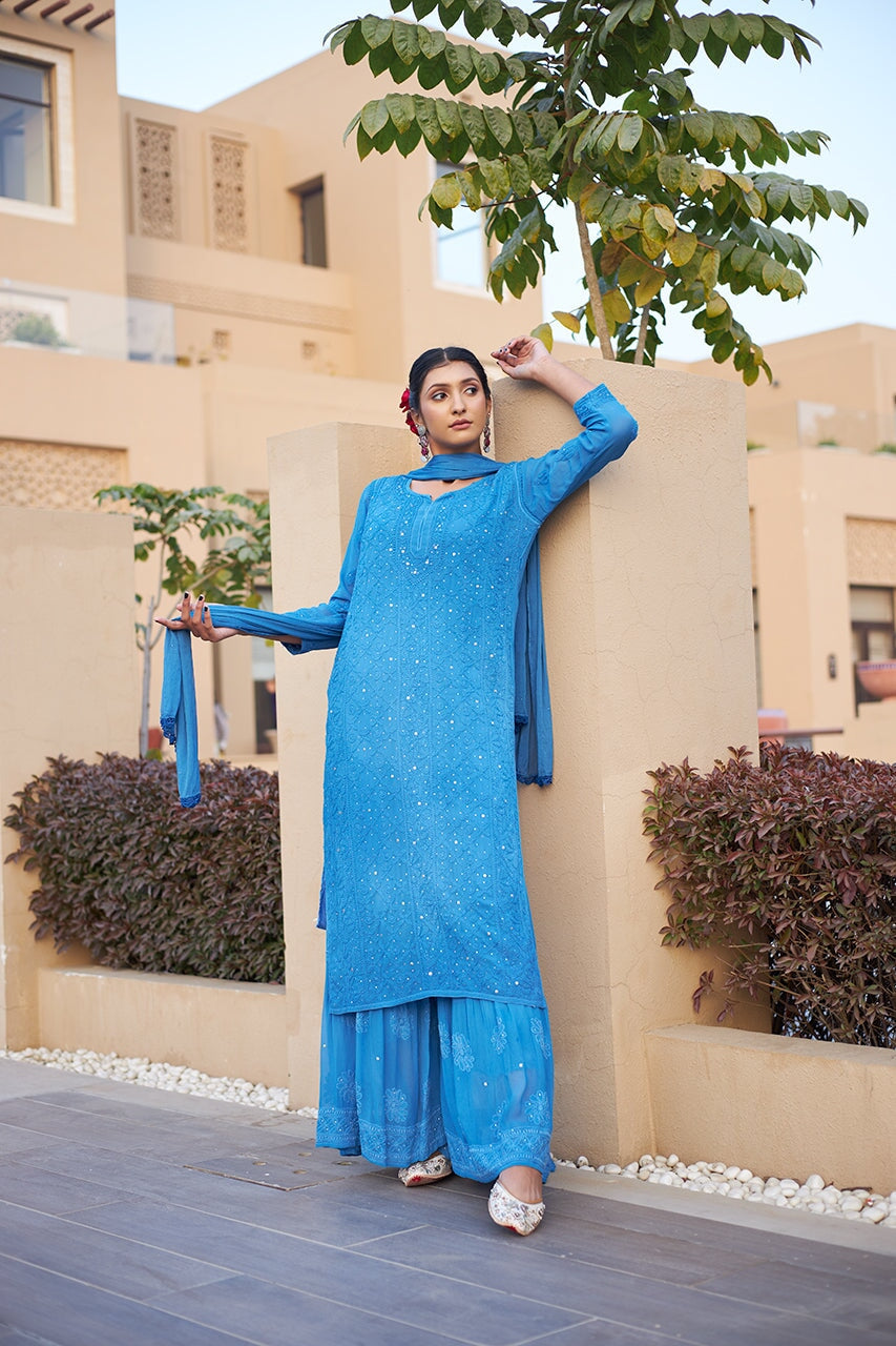 Noori pure georgette kurta and gharara set with dupatta and inner (Set of 4) RangrezaEthnic Blue XS 