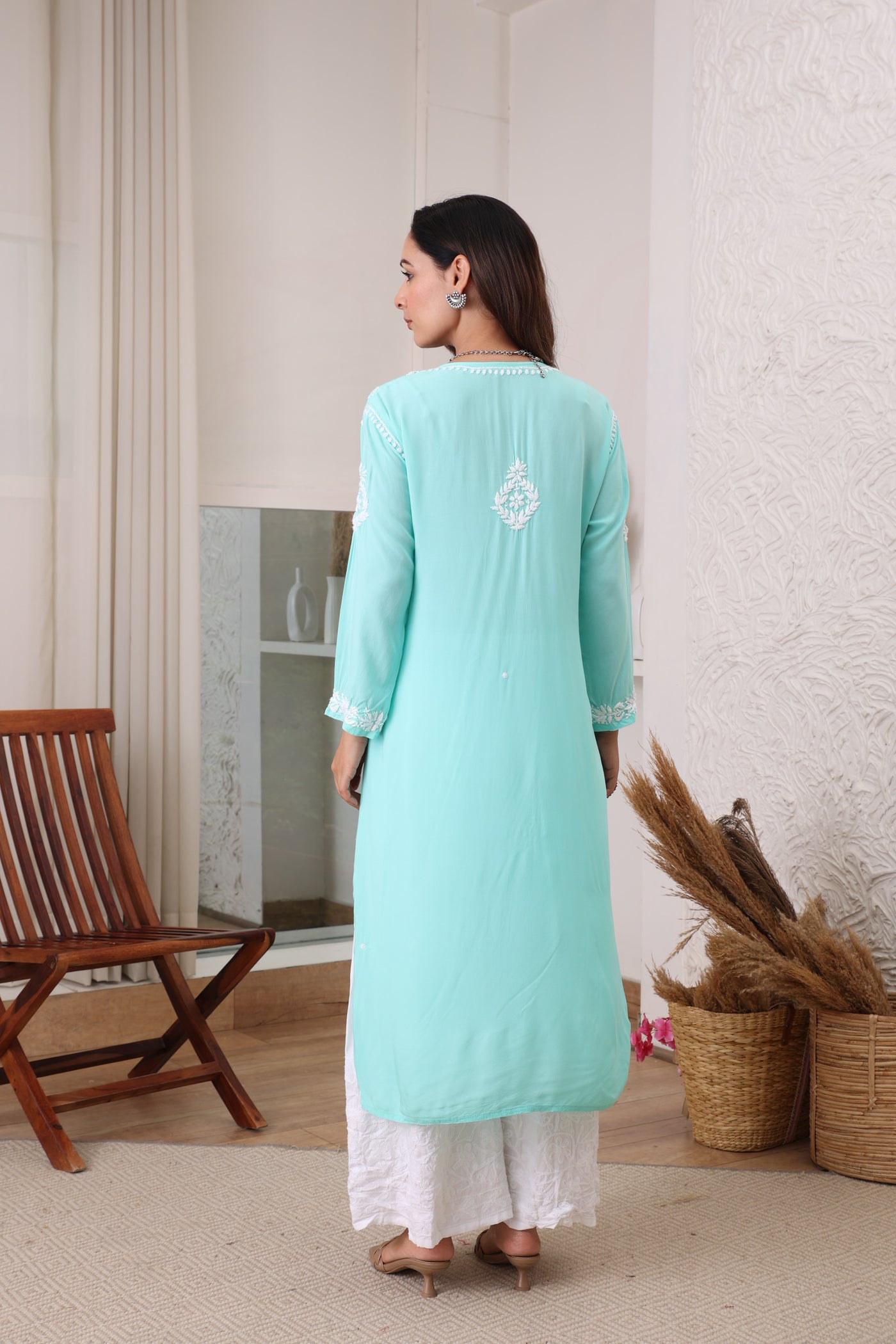 Sunehri women cyan chikankari Modal kurta