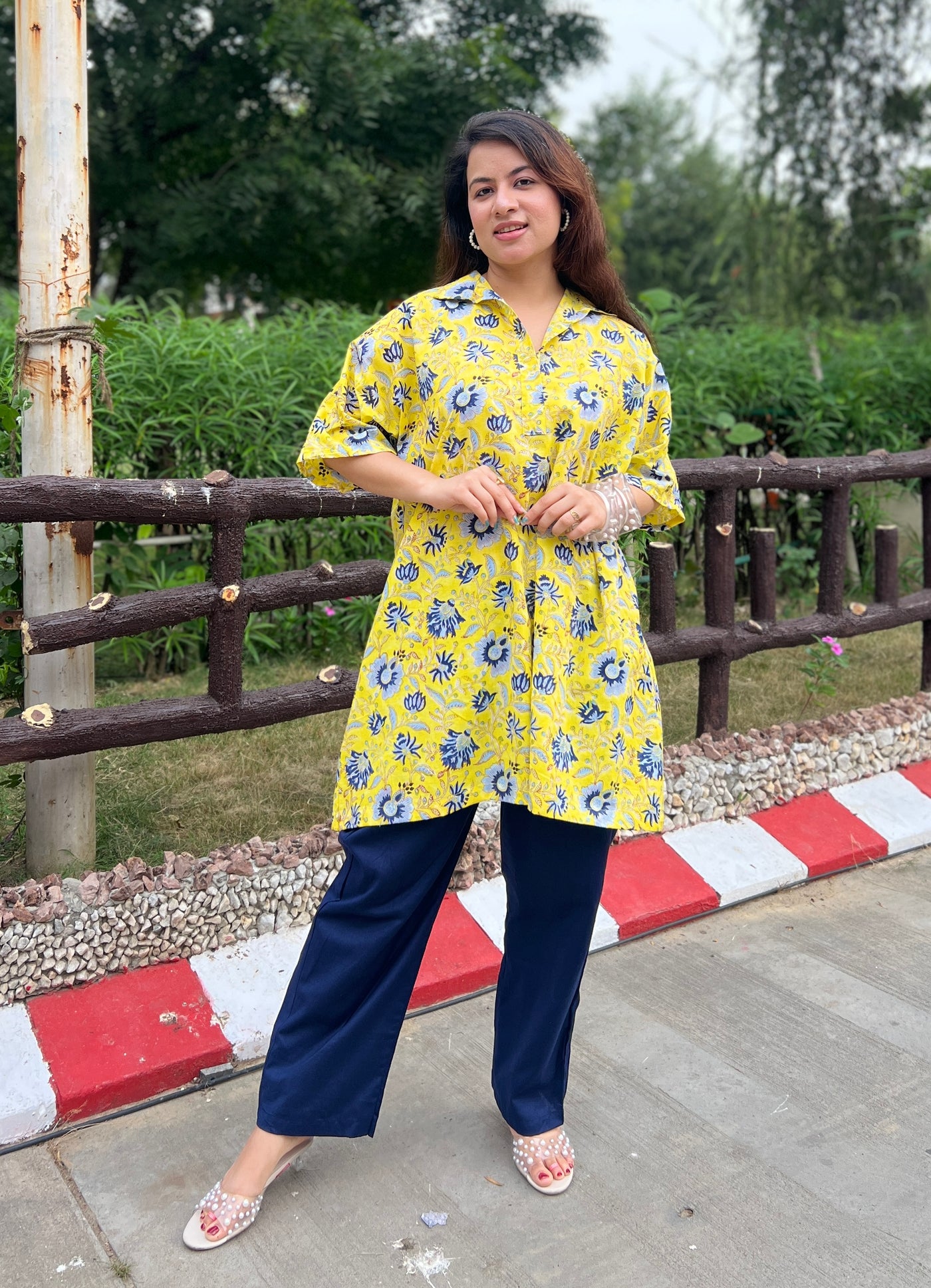 Yellow handblock shirt set