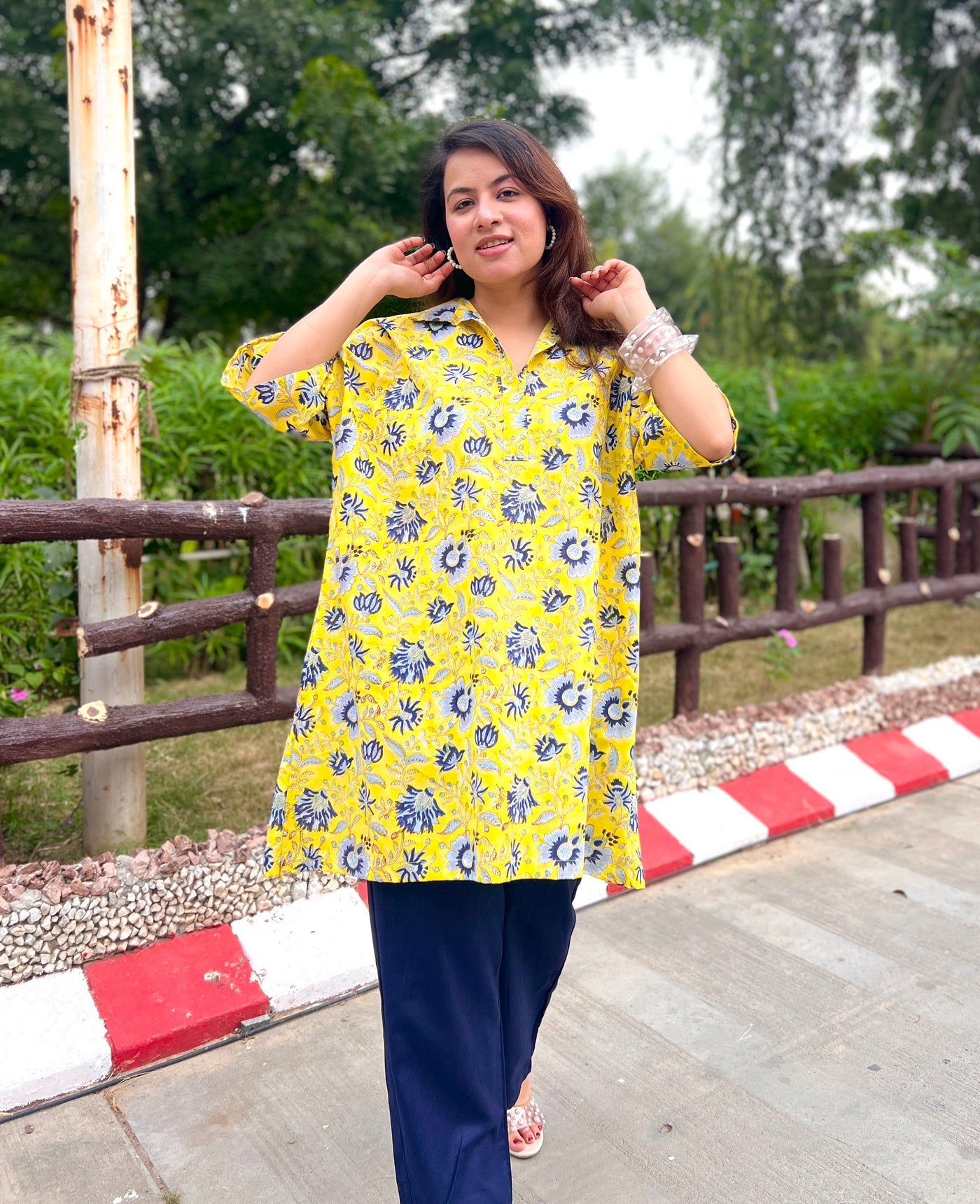 Yellow handblock shirt set