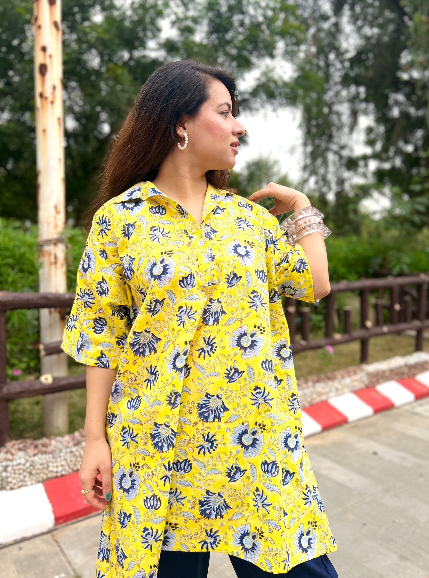 Yellow handblock shirt set