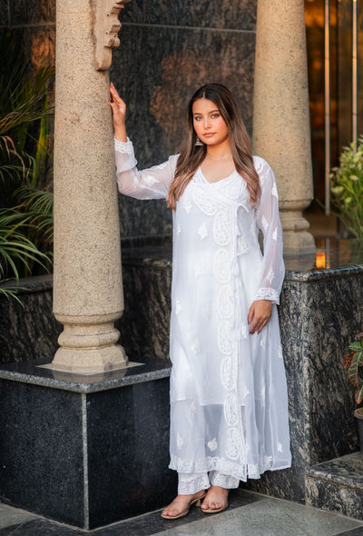 Ruhani georgette angrakaha with inner and lace pants(Set of 3)
