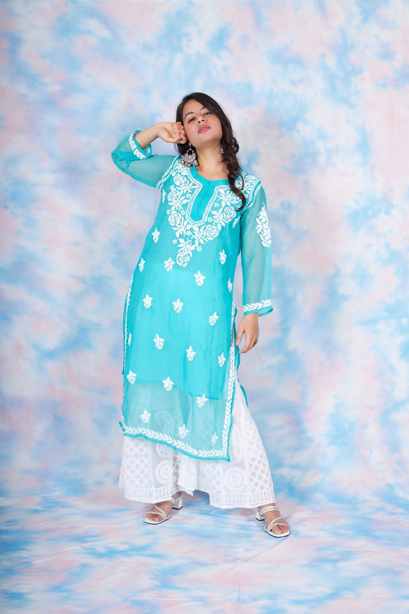 Lily georgette kurta with inner (Set of 2) RangrezEthnic Cyan XS 