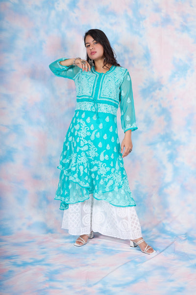 Nazia triple layered chiffon anarkali with inner (Set of 2) RangrezEthnic Cyan XS 