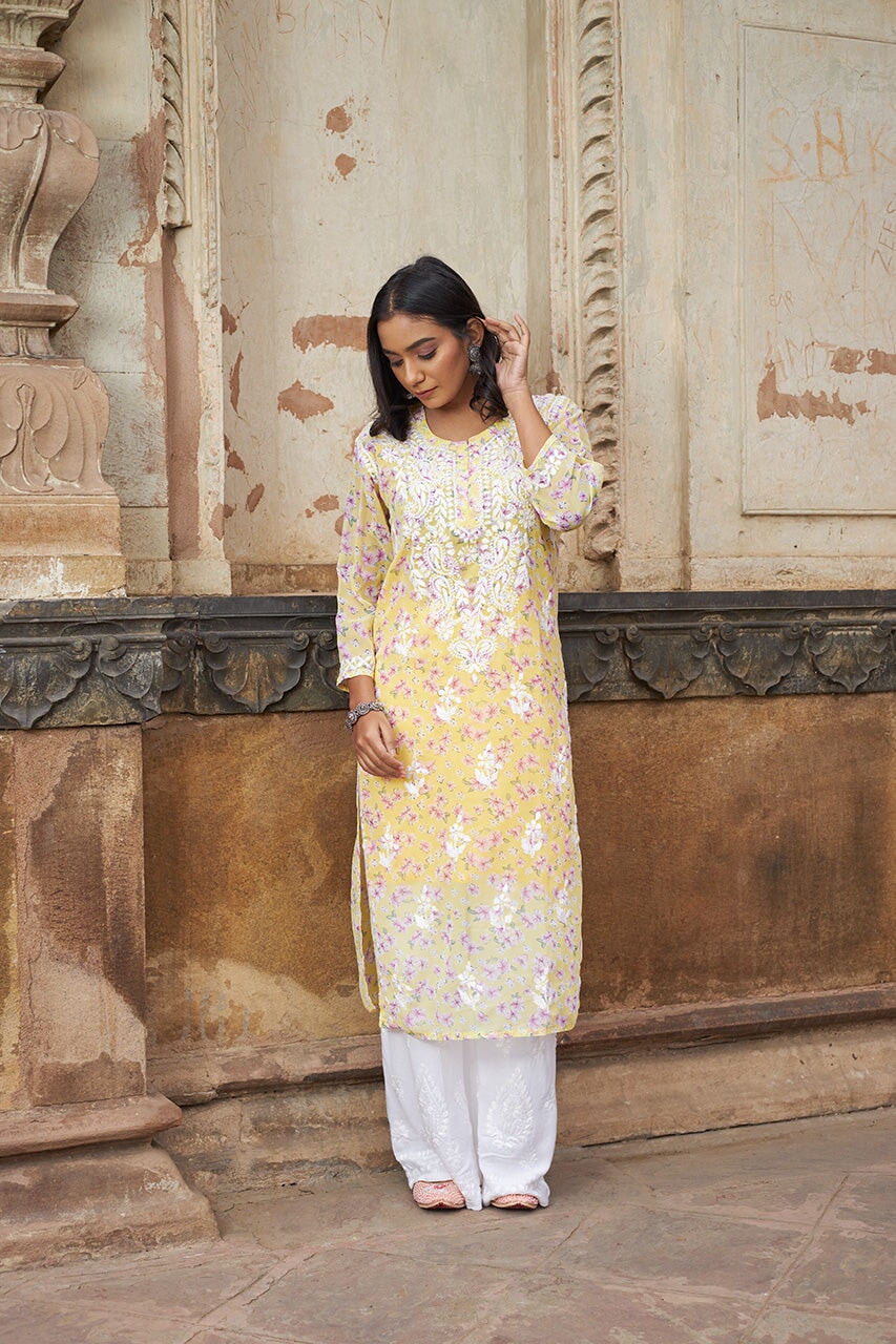 Eliza georgette kurta with inner (Set of 2) RangrezaEthnic Yellow XS 