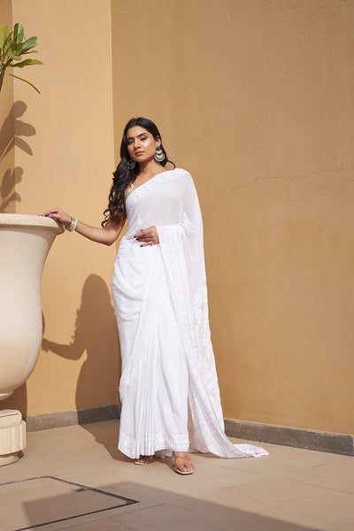 Sajni pure georgette white saree RangrezaEthnic 