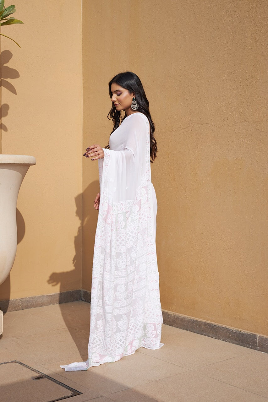 Sajni pure georgette white saree RangrezaEthnic 