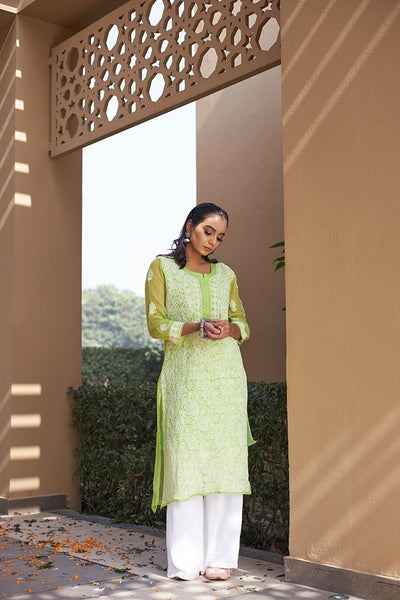 Aarfa full jaal kurta with inner (Set of 2) RangrezEthnic Pastel Green XS 