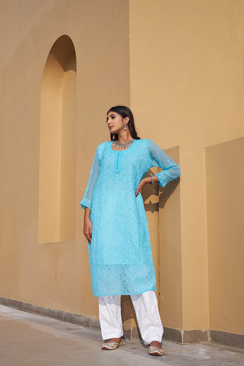 Ameera chiffon kurta with inner (Set of 2) RangrezEthnic Sky blue XS 