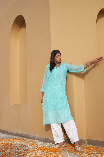 Ameera chiffon kurta with inner (Set of 2) RangrezEthnic Cyan XS 