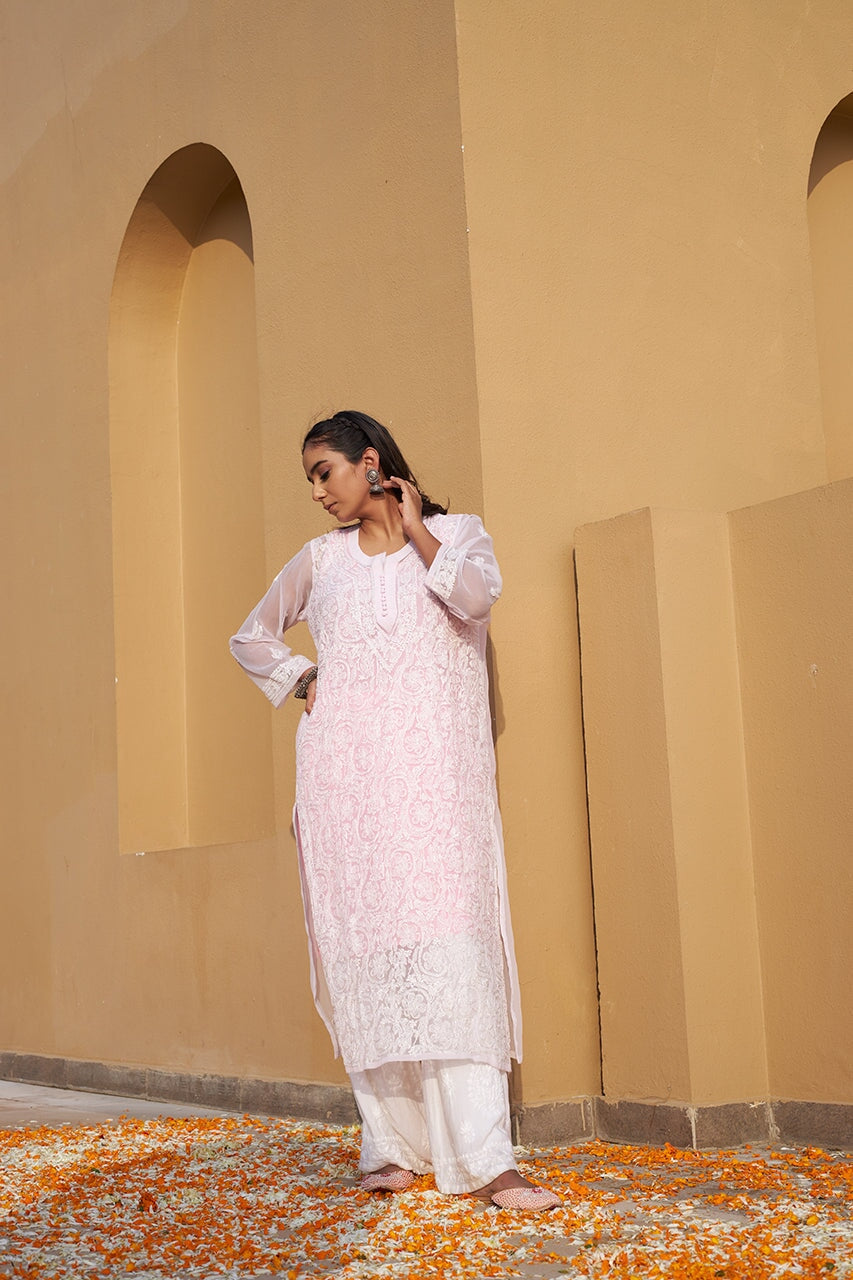 Ameera chiffon kurta with inner (Set of 2) RangrezEthnic Baby Pink XS 