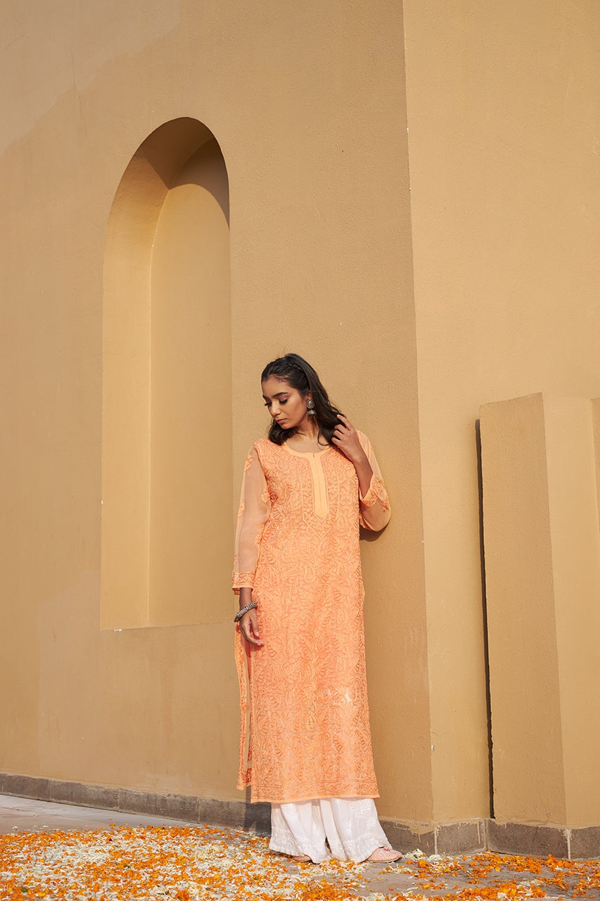 Ameera chiffon kurta with inner (Set of 2) RangrezEthnic Peach XS 