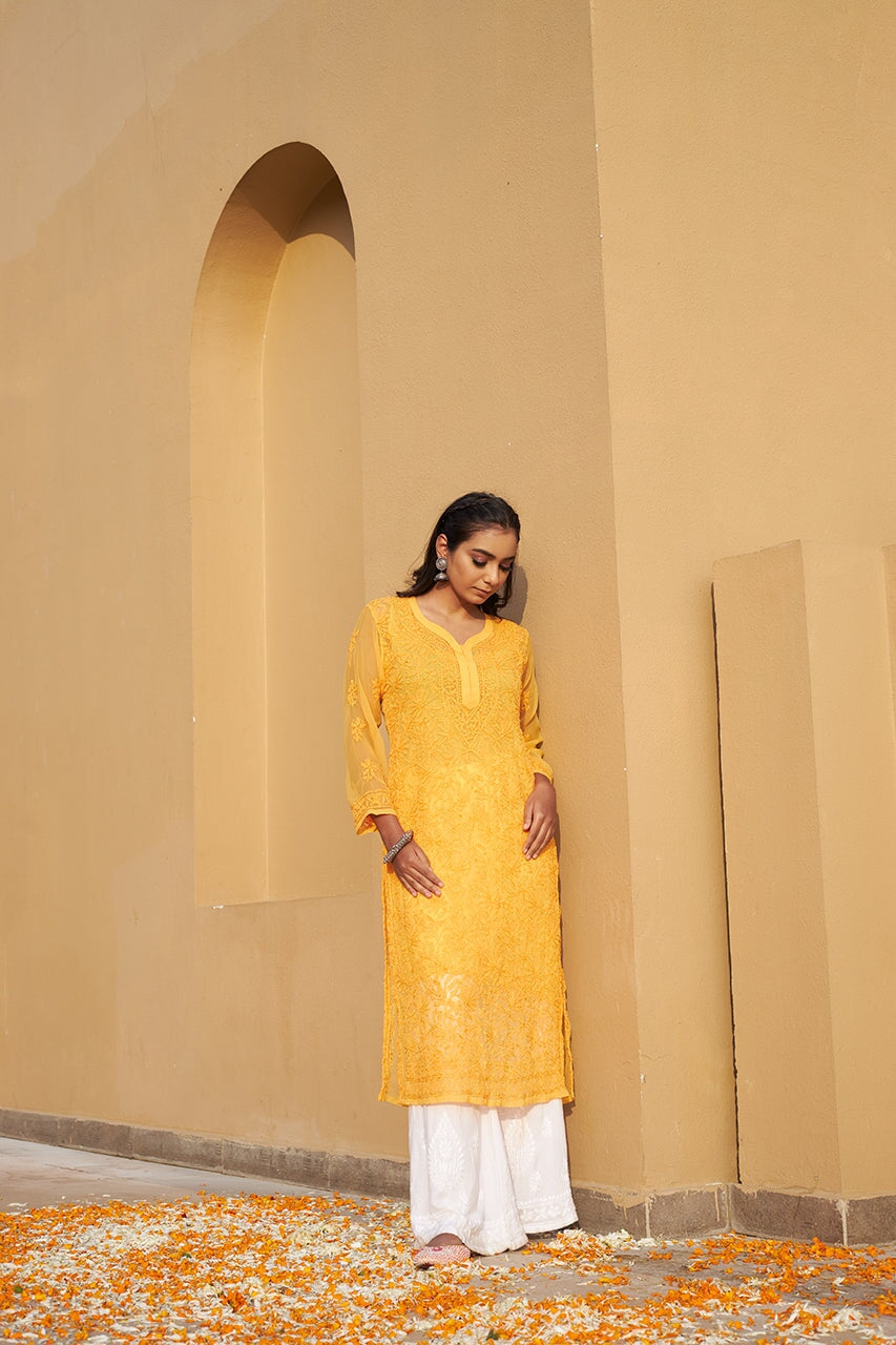 Ameera chiffon kurta with inner (Set of 2) RangrezEthnic Mustard XS 