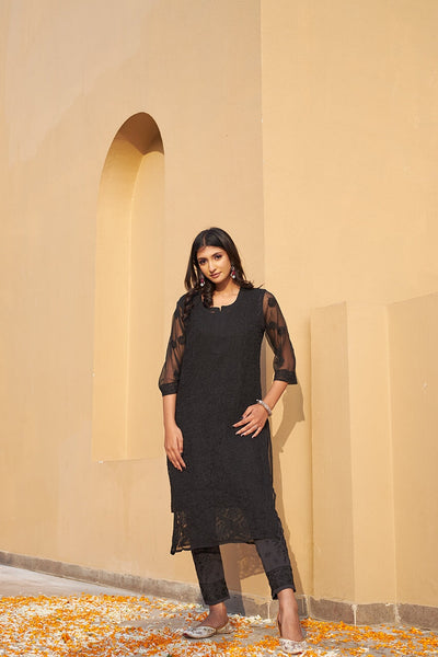 Ameera chiffon kurta with inner (Set of 2) RangrezEthnic Black XS 